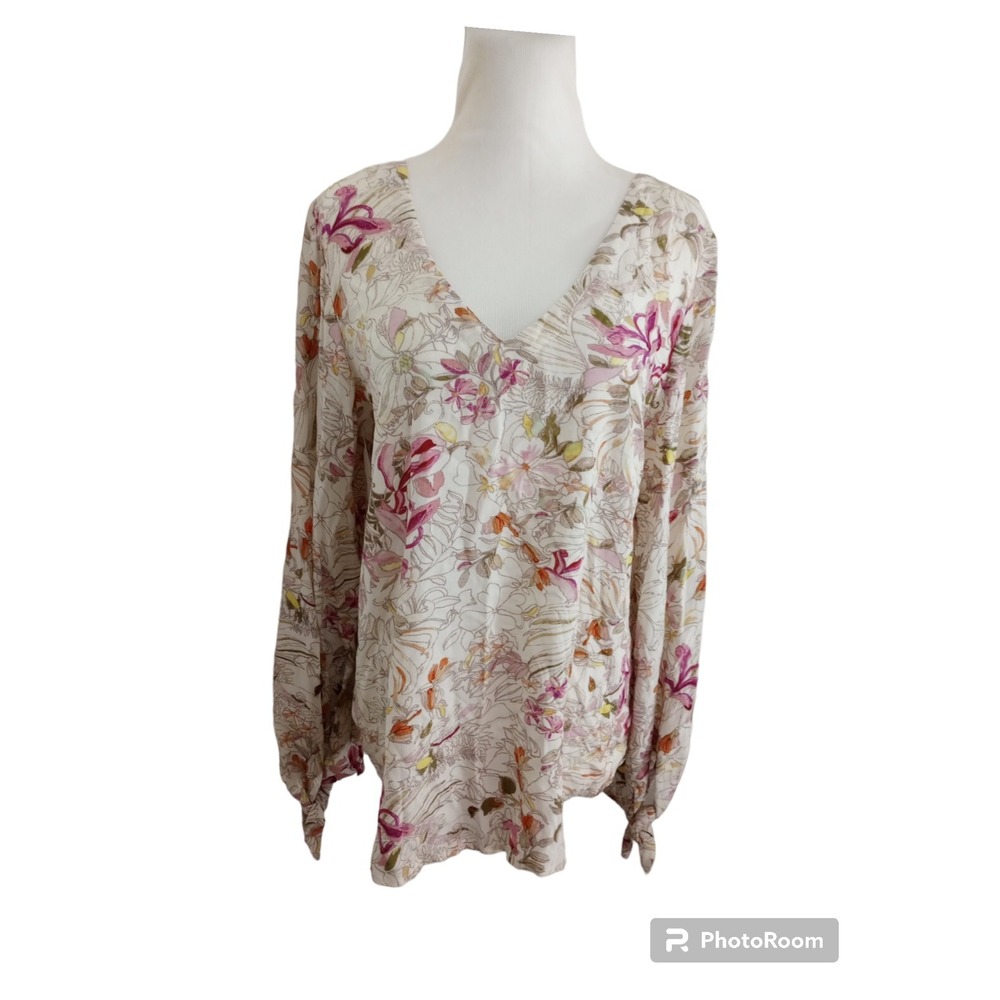 ANTHROPOLOGIE Maeve Cream Pink Topical Floral Balloon Sleeve Blouse Sz S Pastel
